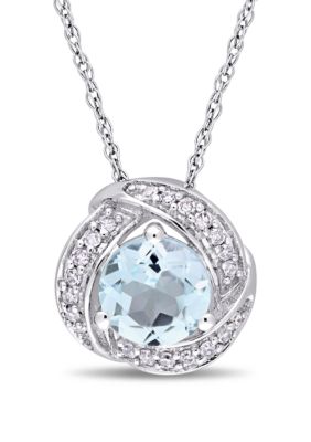 Belk & Co Blue Topaz and 1/10 ct. t.w. Diamond Swirl Halo Pendant with Chain in 10K White Gold