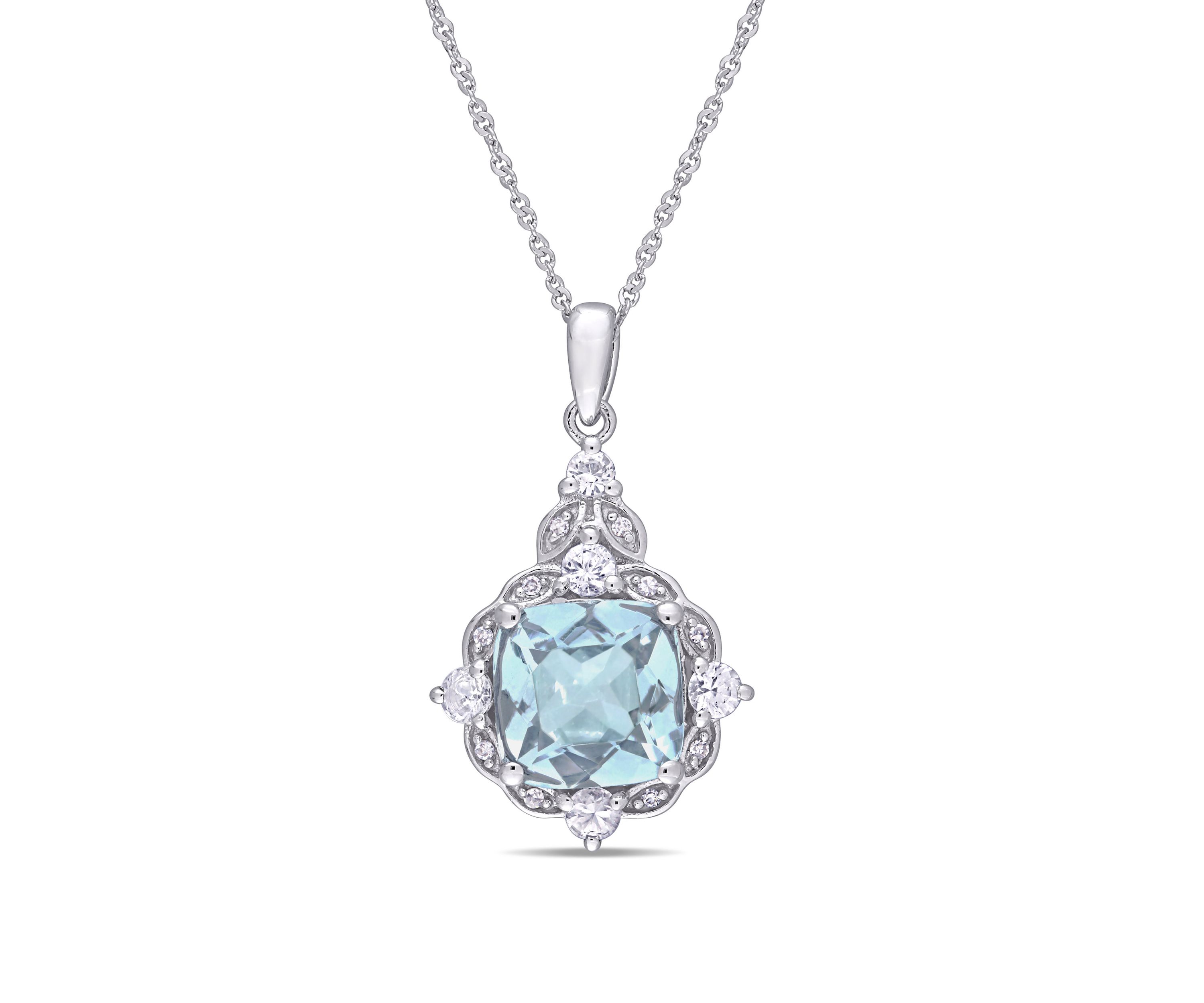 2.15 ct. t.w. Aquamarine, 1/3 ct. t.w. White Sapphire, and 0.03 ct. t.w. Diamond Accent Halo Vintage Drop Necklace in 14K White Gold
