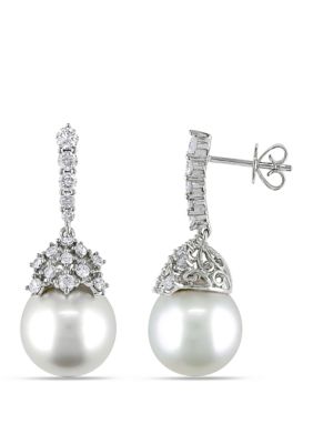 Belk & Co 1.0 ct. t.w. Diamond and 10.5 mm-11 mm South Sea Cultured Pearl Drop Earrings in 14k White Gold