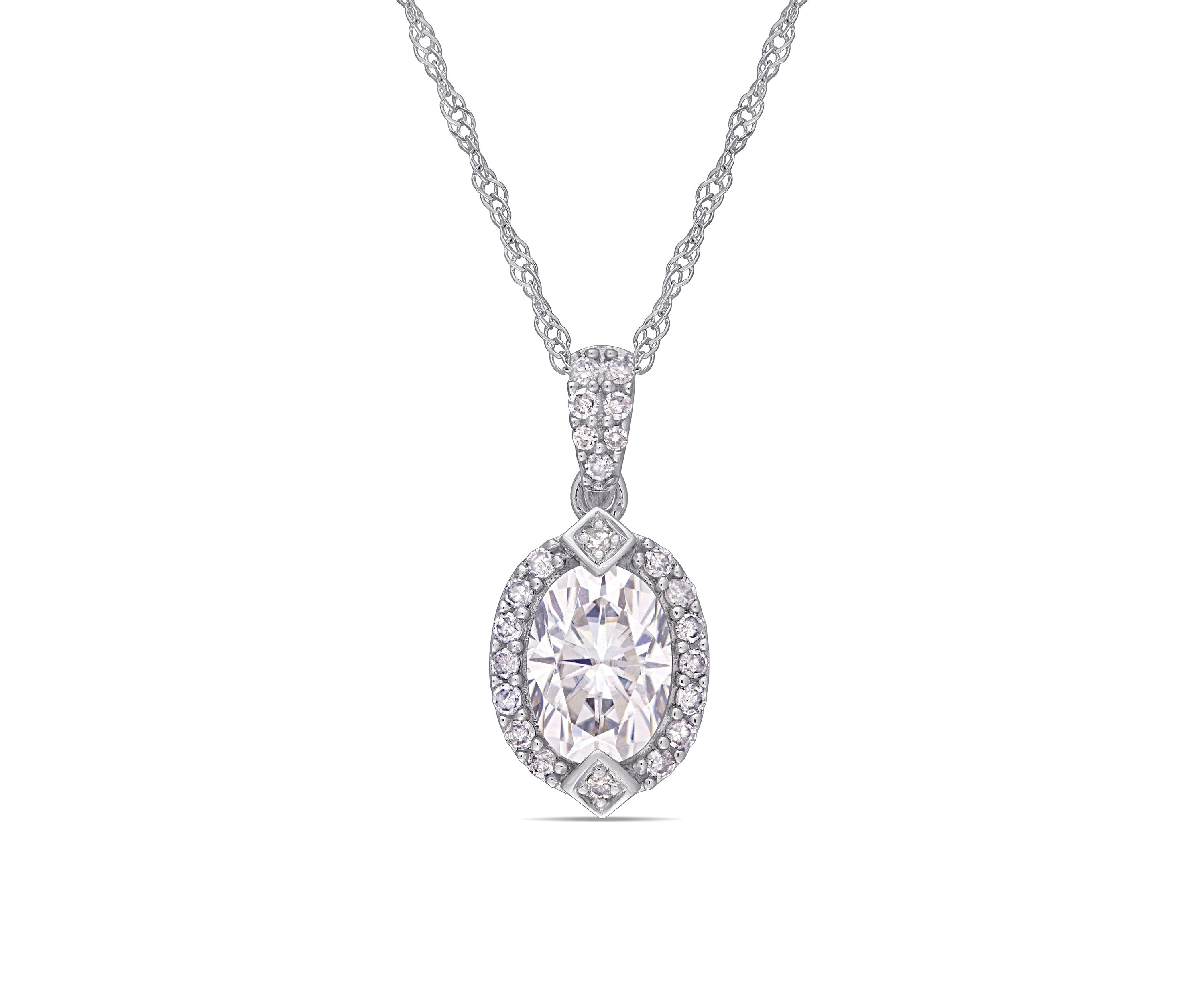 Lab Created 1 ct. t.w. Moissanite and 1/8 ct. t.w. Diamond Oval Halo Pendant with Chain in 10k White Gold