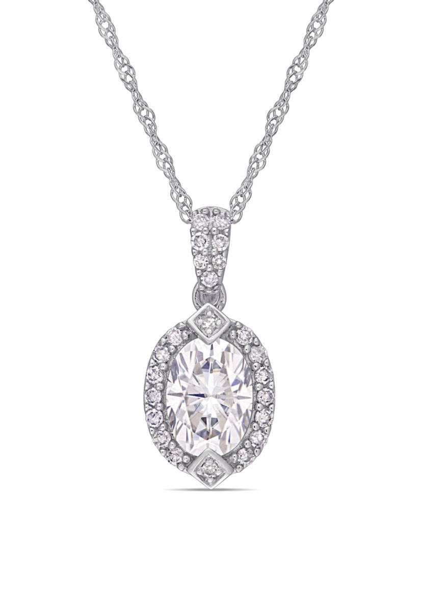 Lab Created 1 ct. t.w. Moissanite and 1/8 ct. t.w. Diamond Oval Halo Pendant with Chain in 10k White Gold