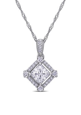 Belk & Co Lab Created 1 Ct. T.w. Moissanite And 1/10 Ct. T.w. Diamond Princess-Cut Halo Pendant With Chain In 10K White Gold