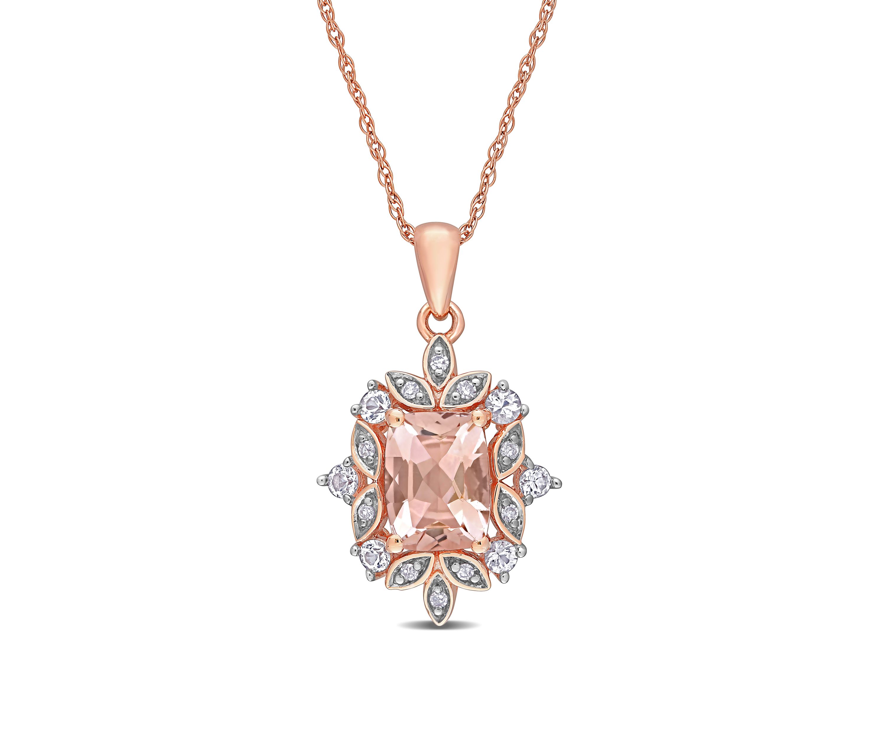 1.3 ct. t.w. Morganite, 1/3 ct. t.w. Sapphire, and 1/10 ct. t.w. Diamond Accent Pendant with Chain in 10K Rose Gold 