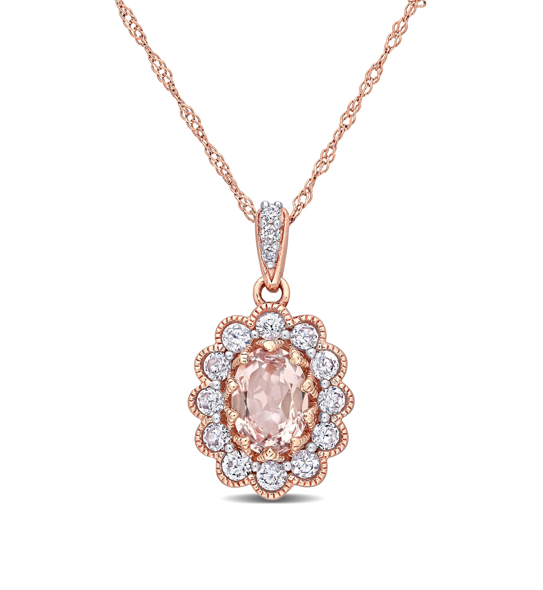 3/4 ct. t.w Morganite, 3/5 ct. t.w. White Sapphire, and 1/10 ct. t.w Diamond Accent Pendant with Chain in 10K Rose Gold 