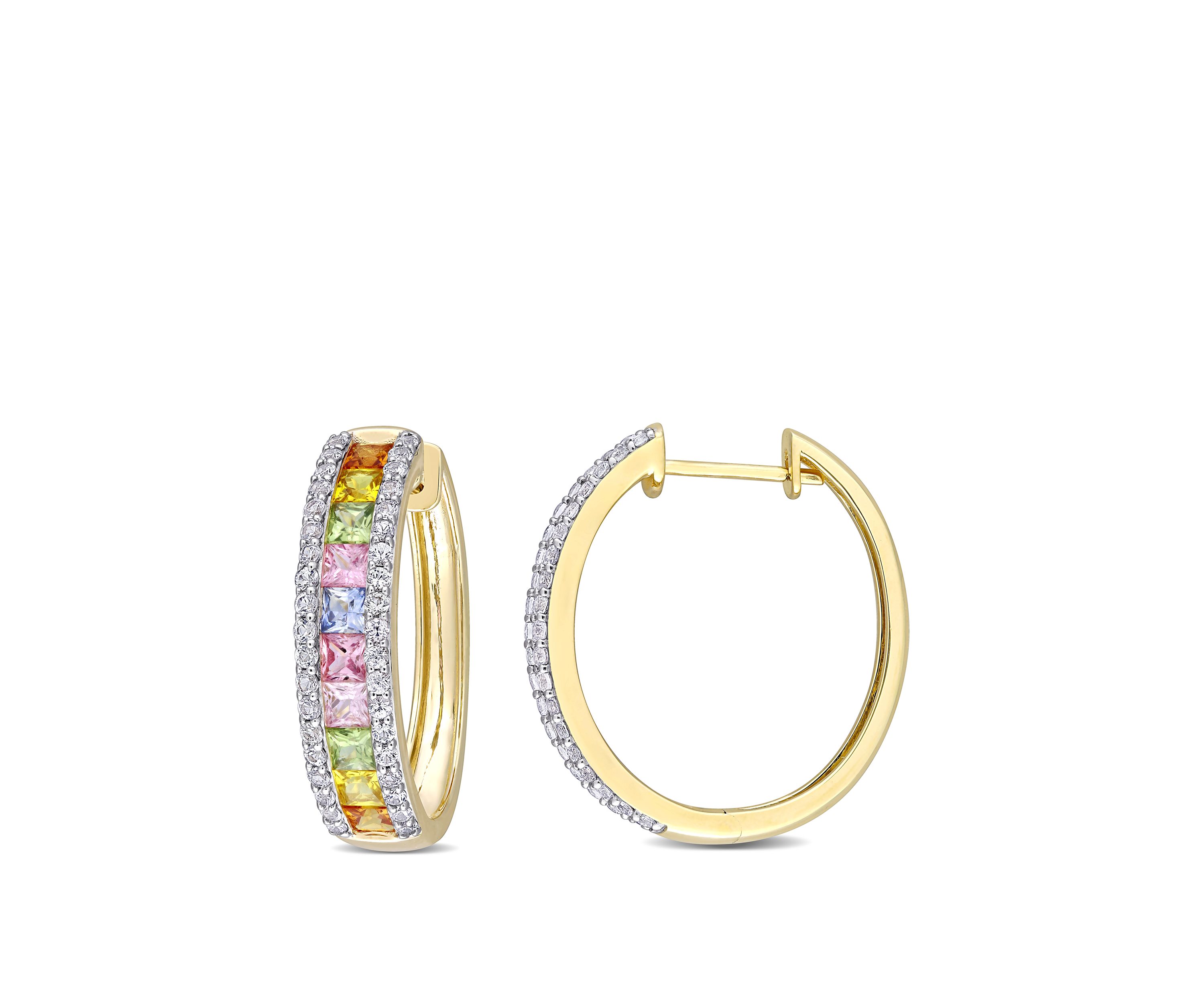 5.75 ct. t.w. Multi Color Sapphire Hoop Earrings in 14k Yellow Gold