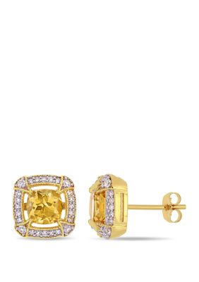 Belk & Co 1.75 Ct. T.w. Citrine, 1/8 Ct. T.w. White Sapphire And 1/5 Ct. T.w. Diamond Halo Stud Earrings In 10K Yellow Gold
