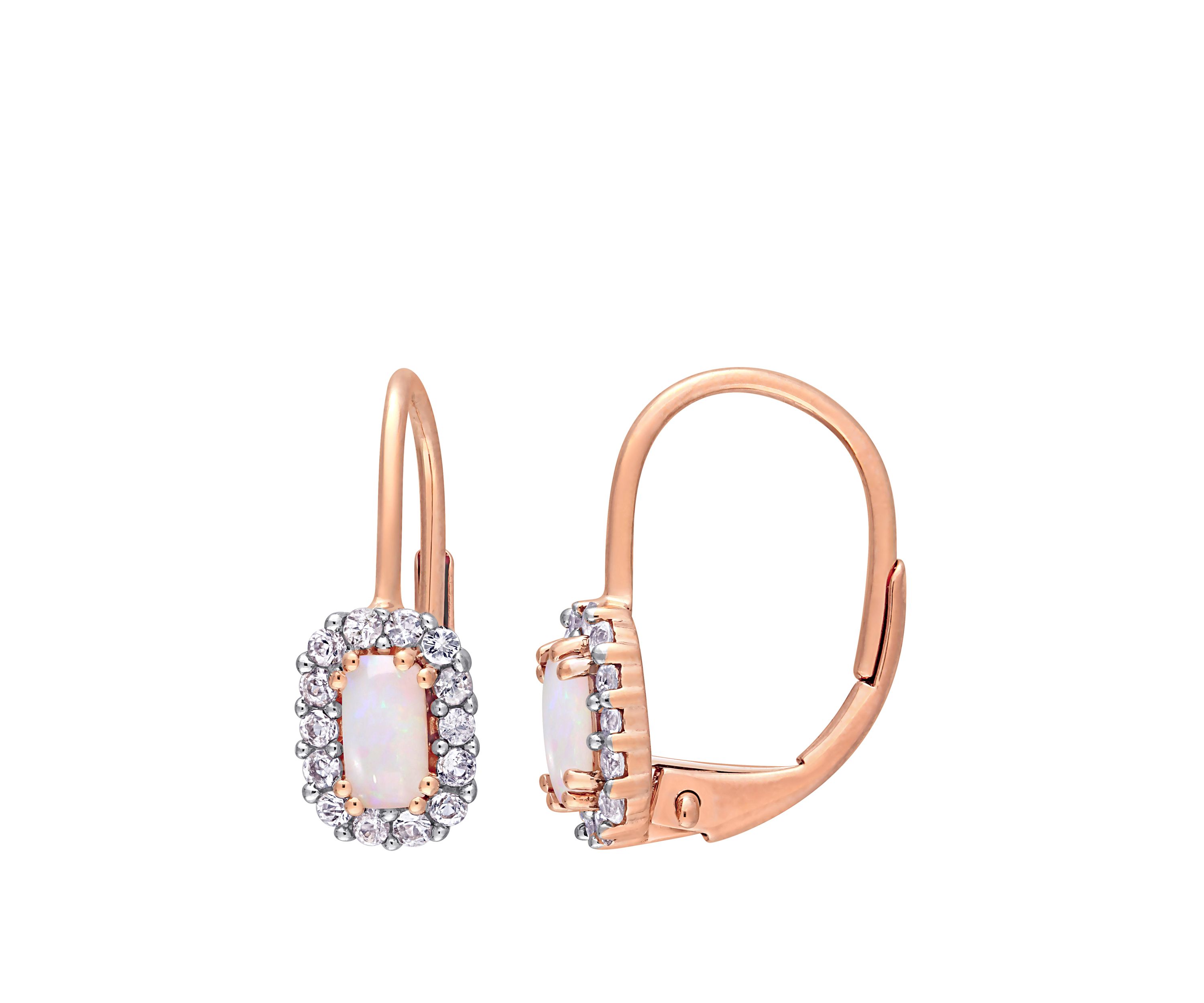2/5 ct. t.w. Opal and 1/4 ct. t.w. White Sapphire Halo Earrings in 10k Rose Gold