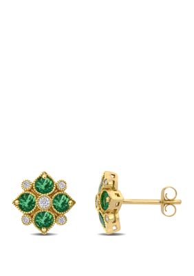 Belk & Co 3/4 Ct. T.w. Emerald And 1/8 Ct. T.w. Diamond Floral Stud Earrings In 14K Yellow Gold