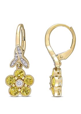 Belk & Co 1.2 ct. t.w. Yellow Sapphire and 1/7 ct. t.w. Diamond Flower Earrings in 10k Yellow Gold