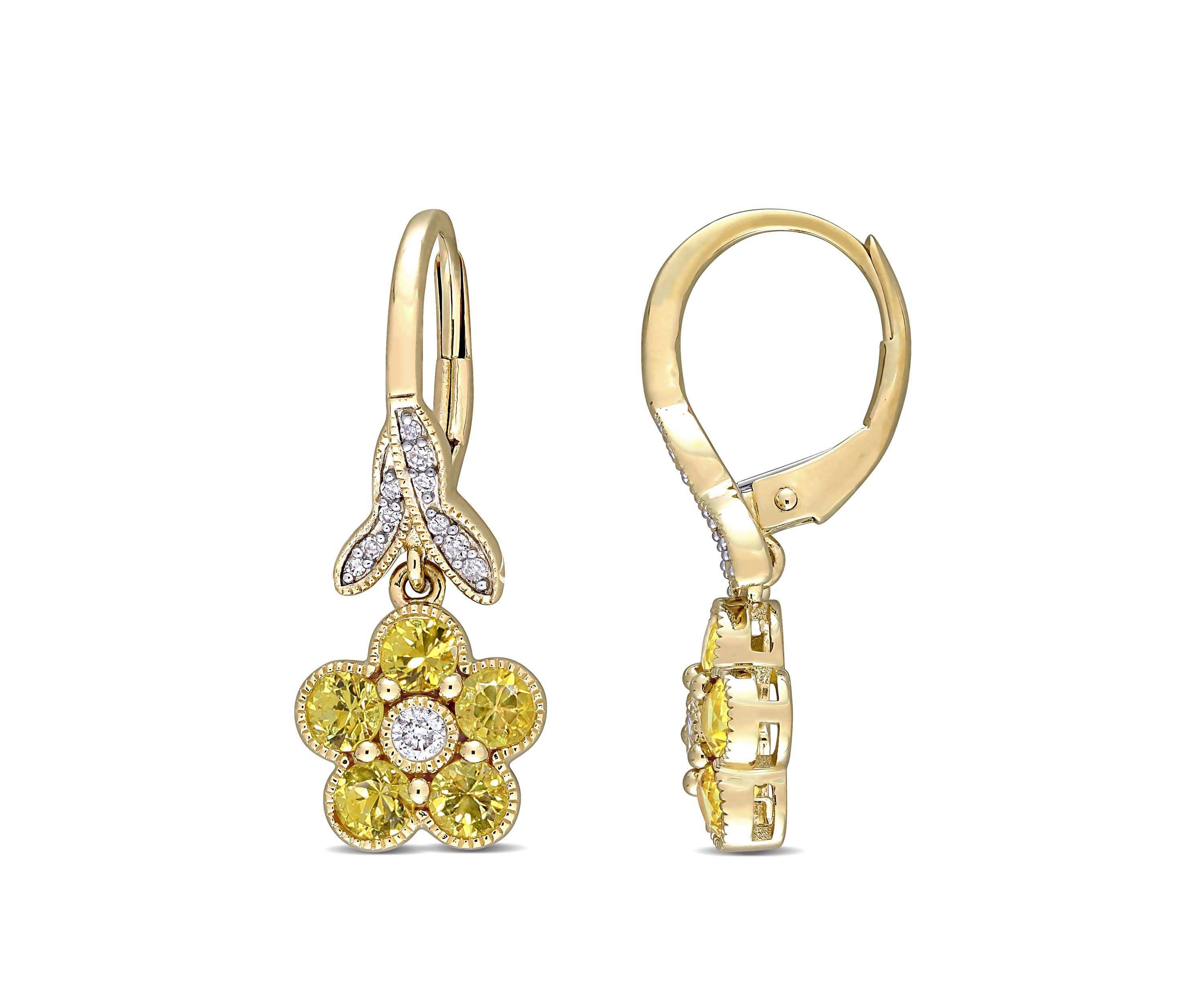 1.2 ct. t.w. Yellow Sapphire and 1/7 ct. t.w. Diamond Flower Earrings in 10k Yellow Gold
