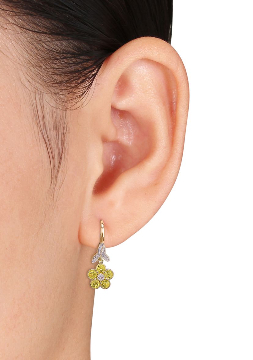1.2 ct. t.w. Yellow Sapphire and 1/7 ct. t.w. Diamond Flower Earrings in 10k Yellow Gold