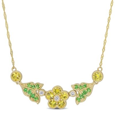 Belk & Co Yellow Sapphire and Tsavorite with Diamond Accent Floral Necklace in 10K Yellow Gold