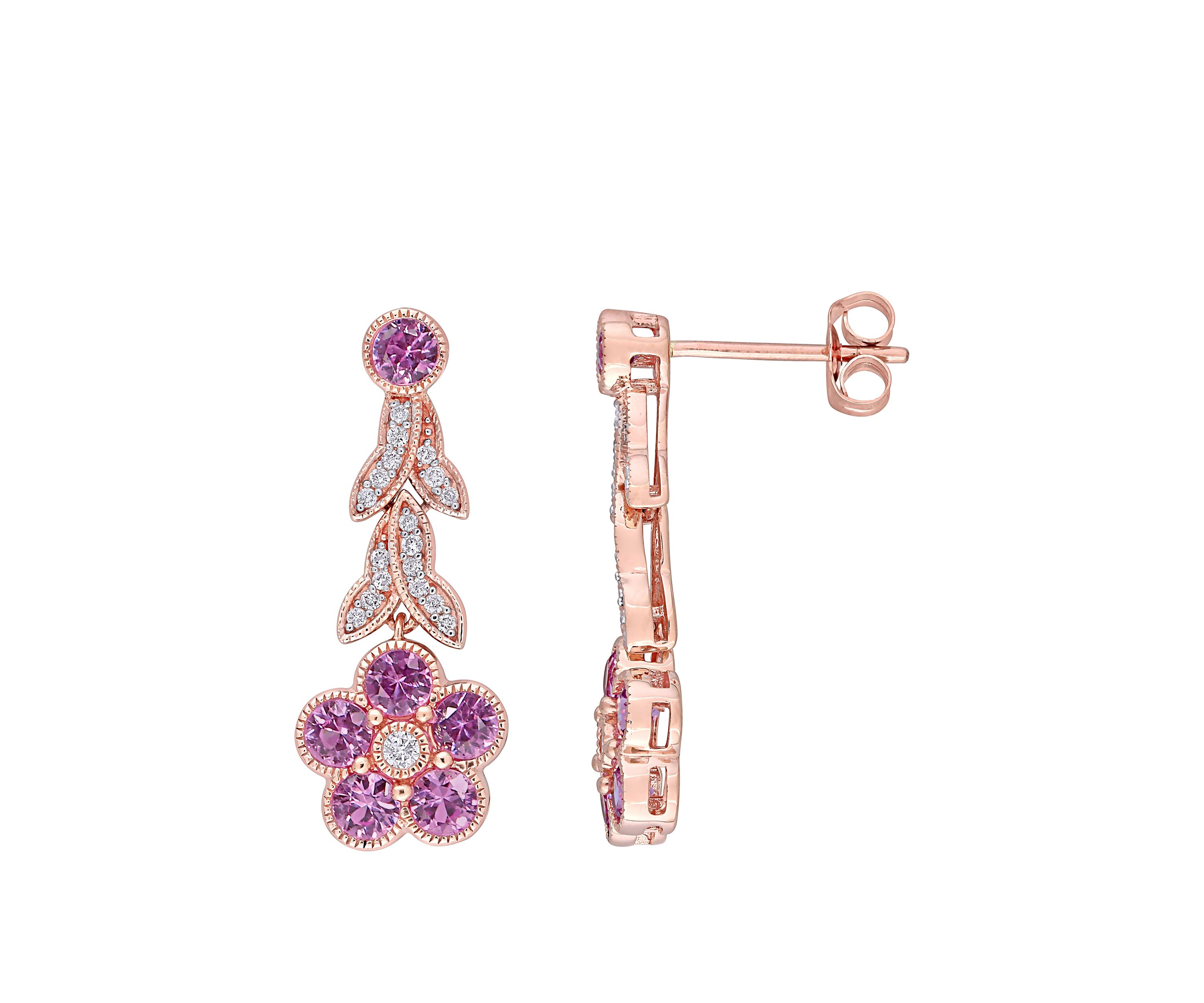  1.63 ct. t.w. Pink Sapphire and 1/6 ct. t.w. Diamond Flower Earrings In 10K Rose Gold