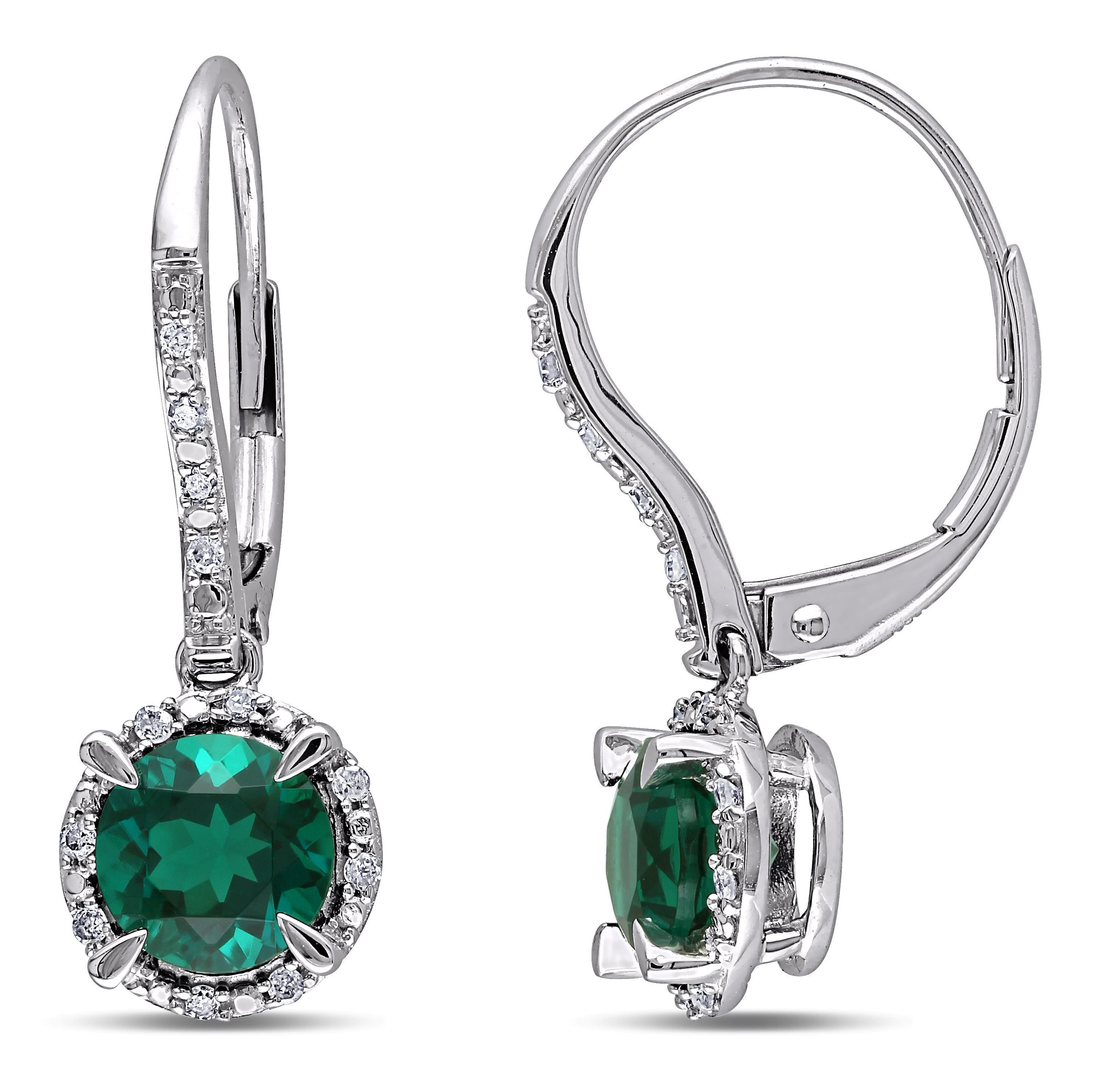 Lab Created Created Emerald and 1/10 ct. t.w. Diamond Halo Earrings in 10K White Gold