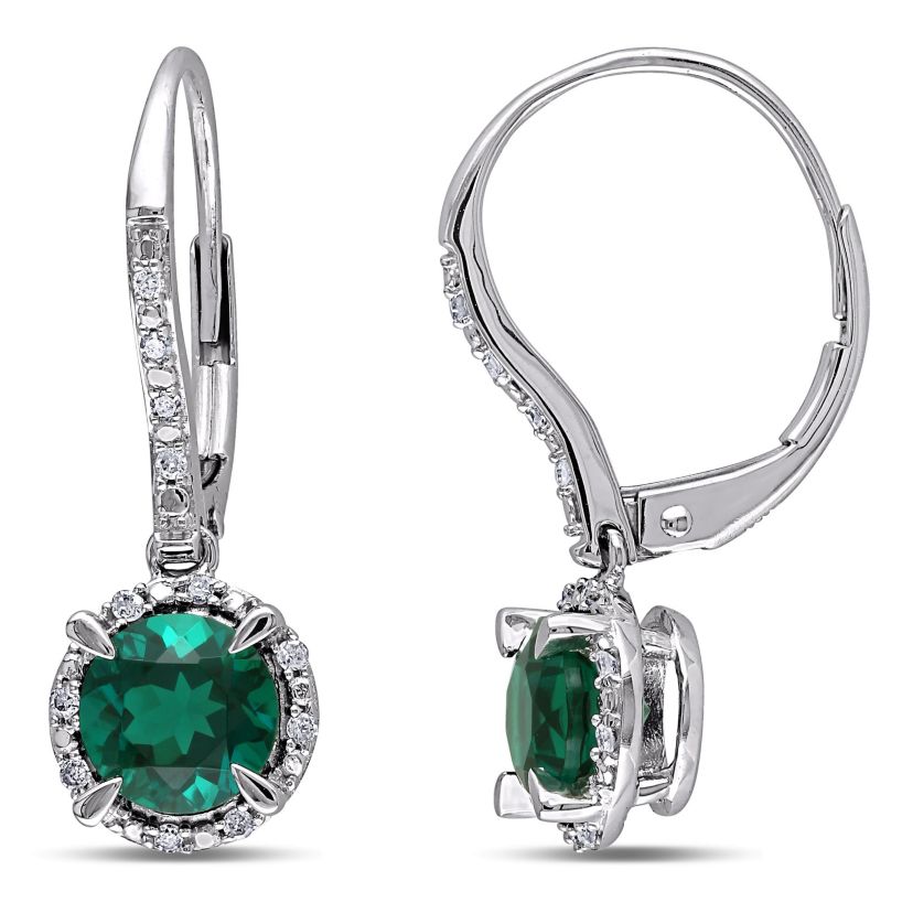 Lab Created Created Emerald and 1/10 ct. t.w. Diamond Halo Earrings in 10K White Gold