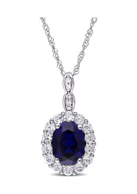 Belk & Co Created Blue Sapphire, White Topaz and Diamond Accent Oval Vintage Pendant With Chain in 14k White Gold