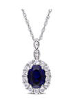 Created Blue Sapphire, White Topaz and Diamond Accent Oval Vintage Pendant With Chain in 14k White Gold