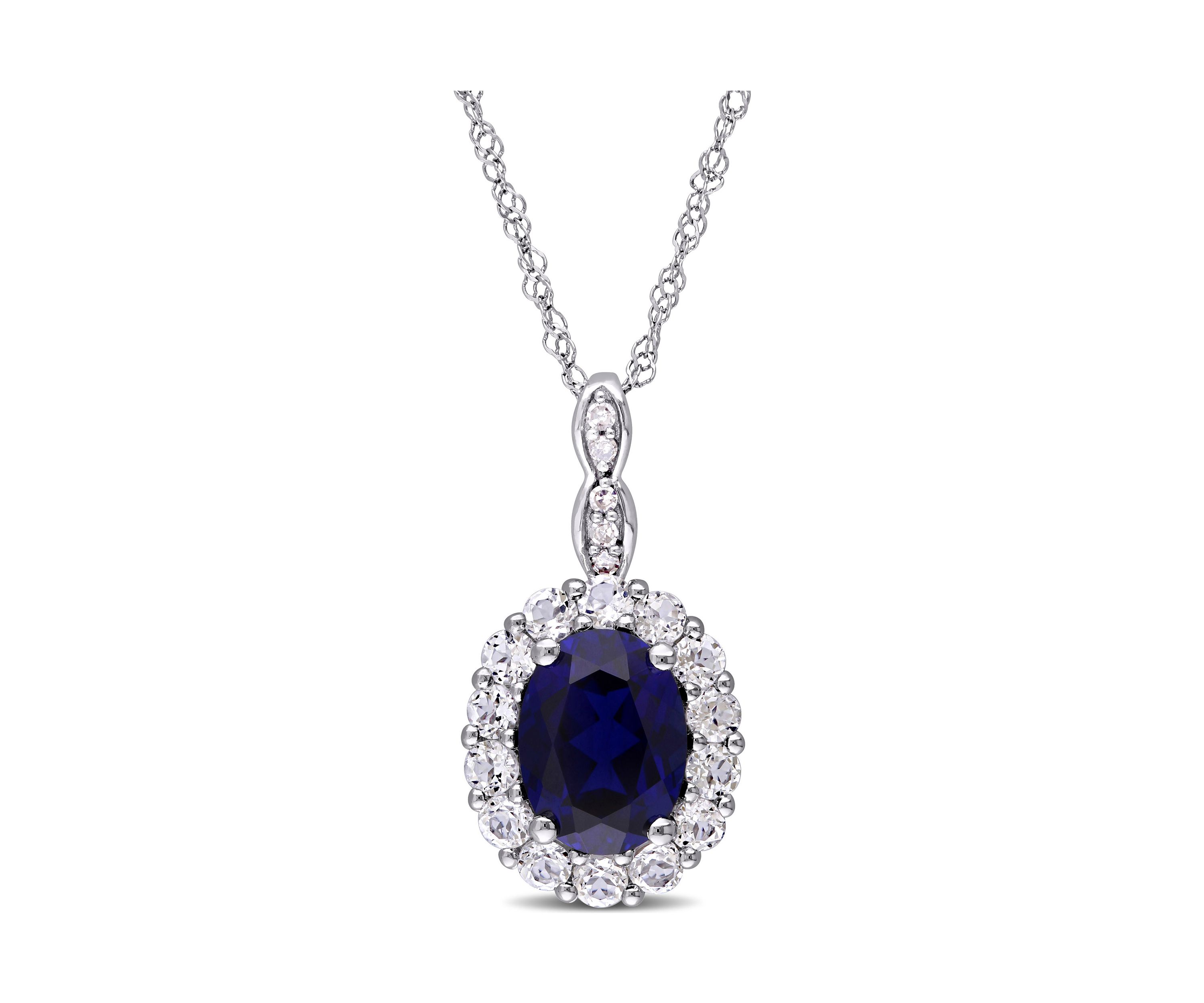 Created Blue Sapphire, White Topaz and Diamond Accent Oval Vintage Pendant With Chain in 14k White Gold
