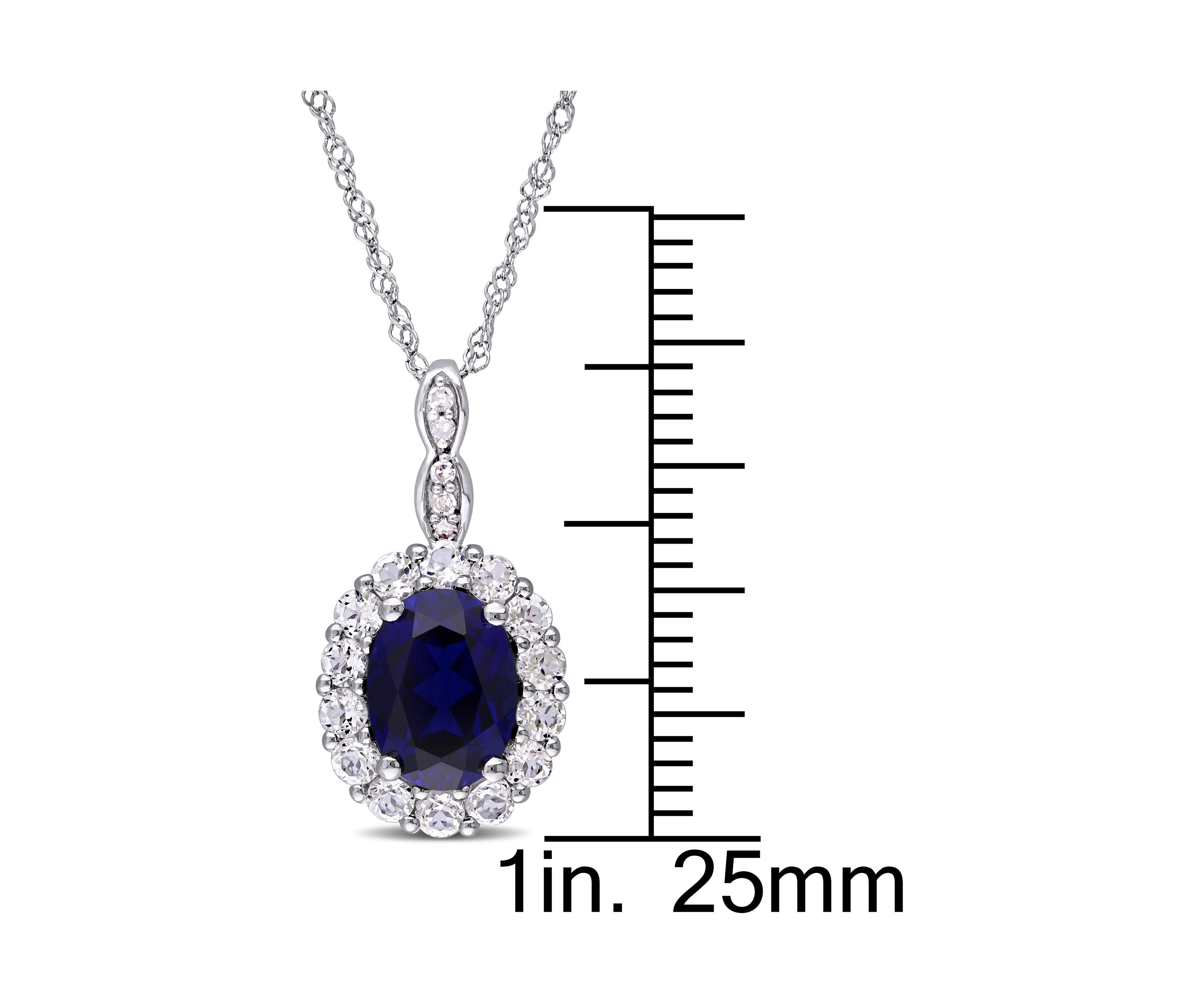 Created Blue Sapphire, White Topaz and Diamond Accent Oval Vintage Pendant With Chain in 14k White Gold