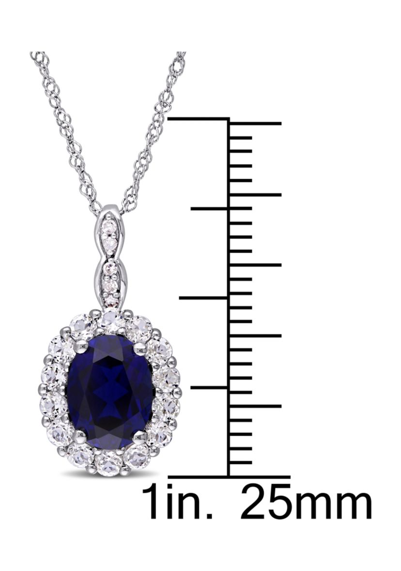 Created Blue Sapphire, White Topaz and Diamond Accent Oval Vintage Pendant With Chain in 14k White Gold