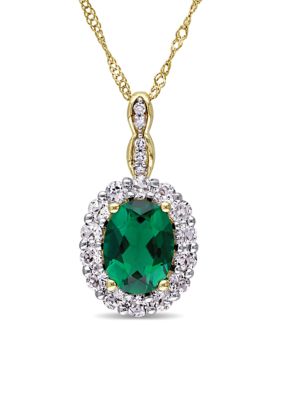 Belk & Co Oval Created Emerald, White Topaz, and Diamond Accent Vintage Pendant with Chain in 14k Yellow Gold