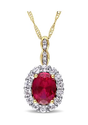 Belk & Co Oval Created Ruby, White Topaz and Diamond Accent Vintage Pendant with Chain in 14k Yellow Gold