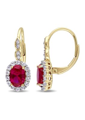 Belk & Co 2.5 Ct. T.w. Oval Created Ruby, 7/8 Ct. T.w. White Topaz, And 1/10 Ct. T.w. Diamond Accent Vintage Earrings In 14K Yellow Gold