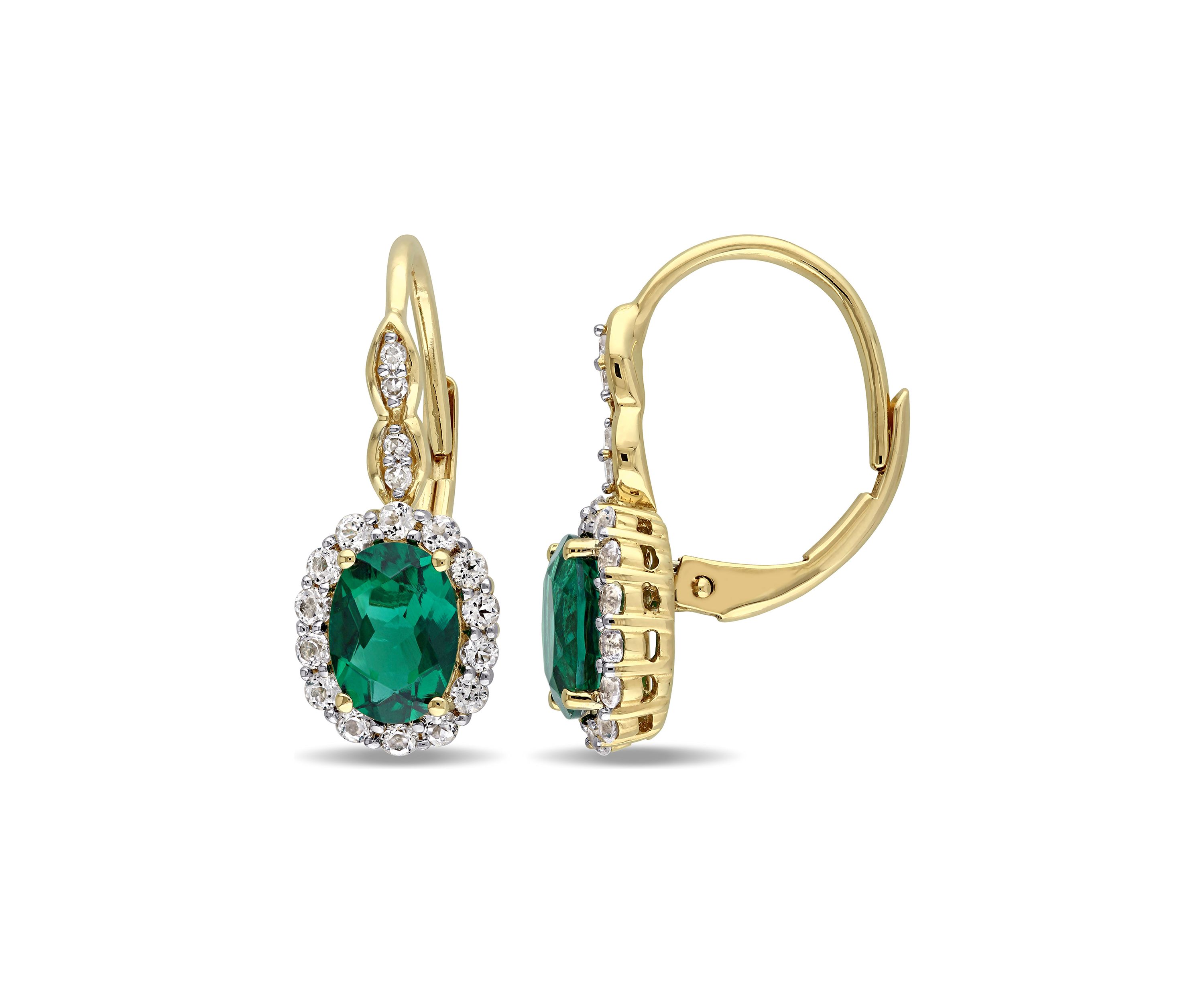 Created Emerald, White Topaz and Diamond Accent Vintage Earrings in 14k Yellow Gold
