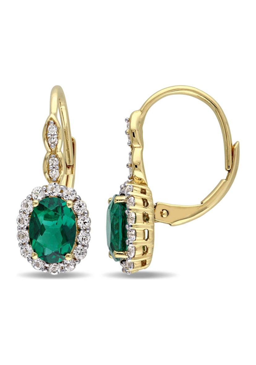 Created Emerald, White Topaz and Diamond Accent Vintage Earrings in 14k Yellow Gold