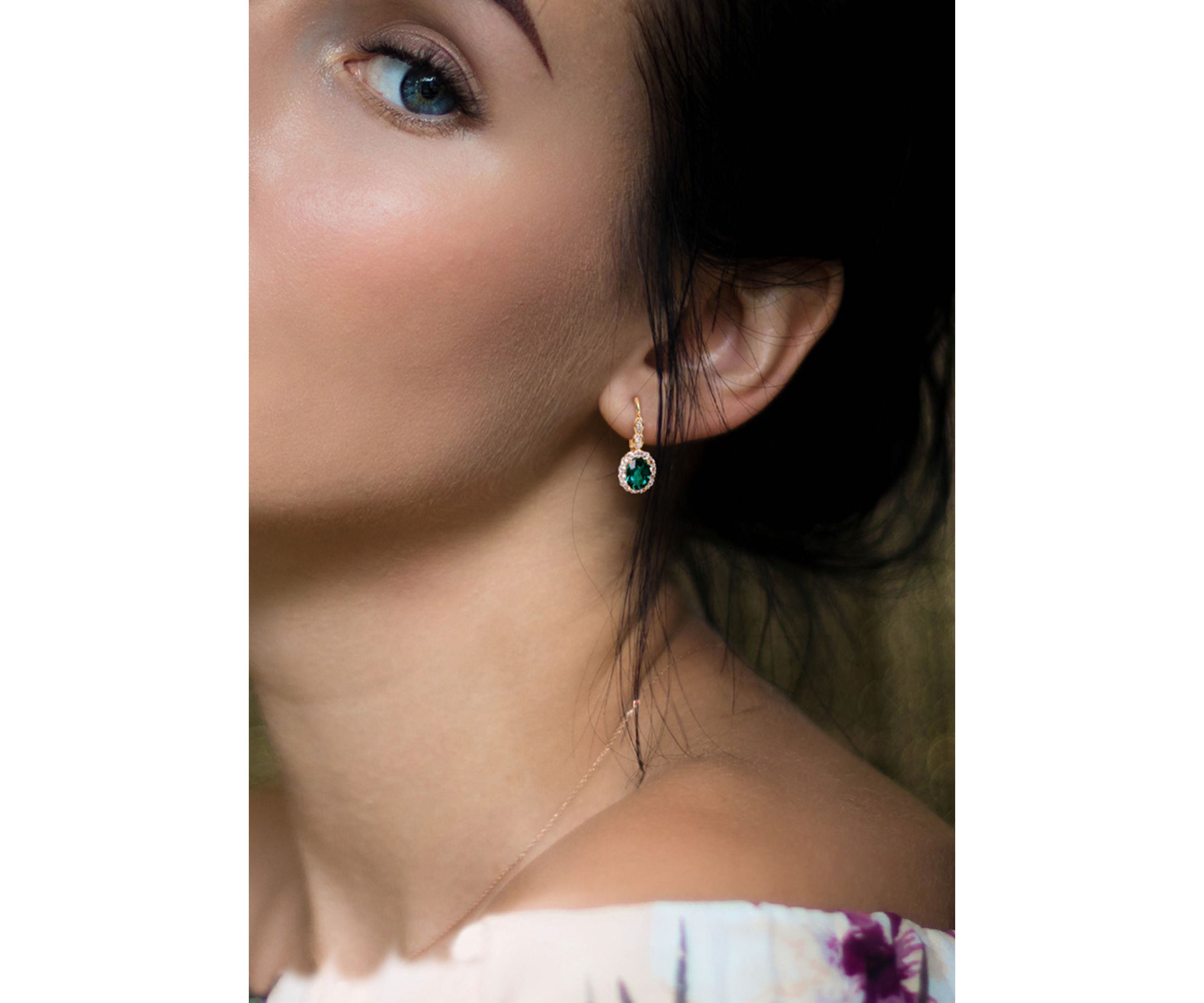 Created Emerald, White Topaz and Diamond Accent Vintage Earrings in 14k Yellow Gold