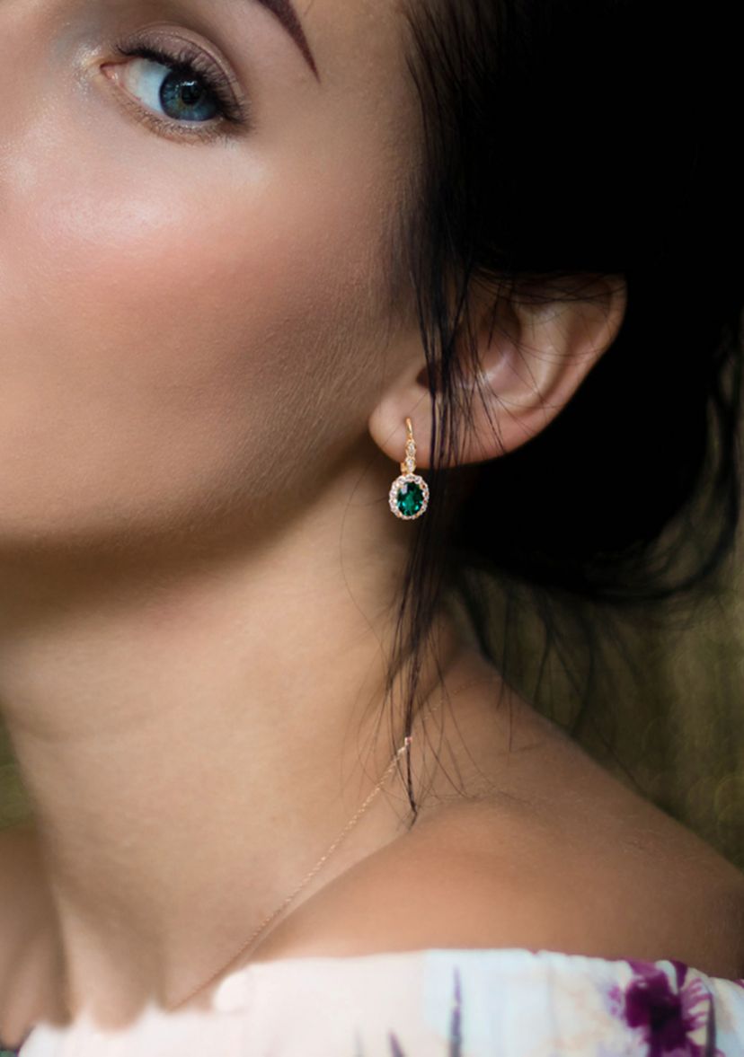 Created Emerald, White Topaz and Diamond Accent Vintage Earrings in 14k Yellow Gold