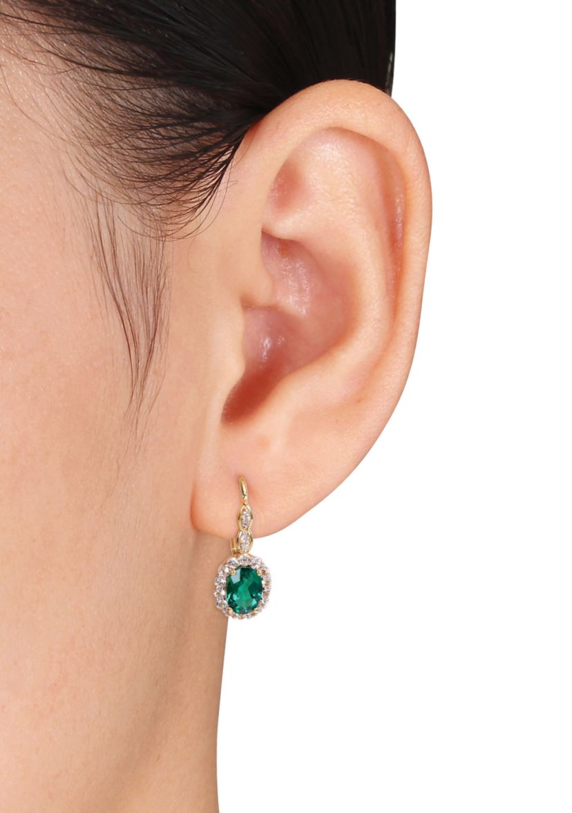 Created Emerald, White Topaz and Diamond Accent Vintage Earrings in 14k Yellow Gold