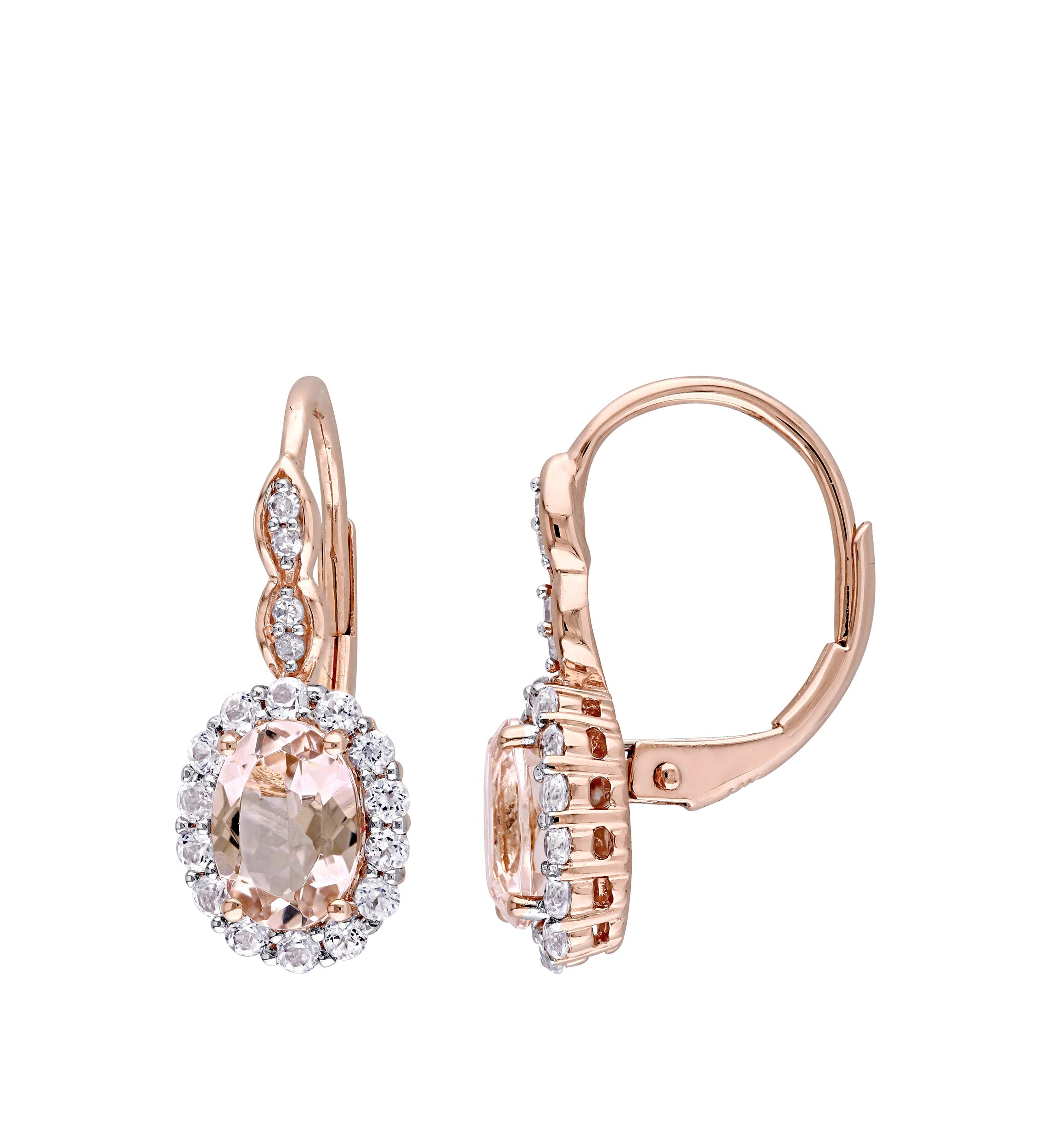 1.4 ct. t.w. Morganite, 7/8 ct. t.w. White Topaz, and 1/10 ct. t.w. Diamond Accent Halo Vintage Earrings in 14k Rose Gold 