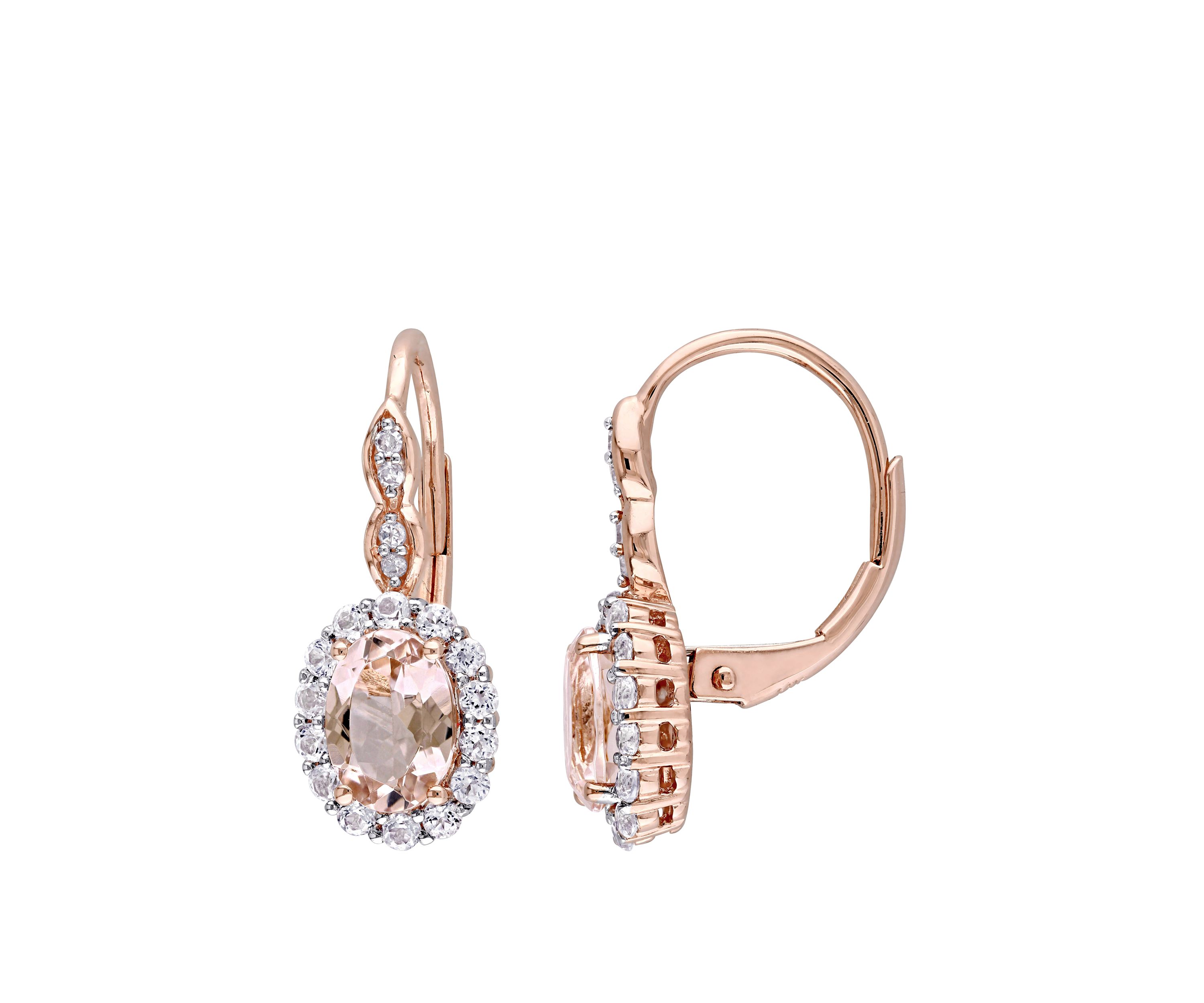 1.4 ct. t.w. Morganite, 7/8 ct. t.w. White Topaz, and 1/10 ct. t.w. Diamond Accent Halo Vintage Earrings in 14k Rose Gold 
