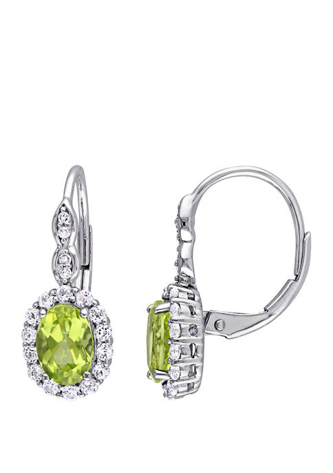 1.63 ct. t.w. Peridot, 7/8 ct. t.w. White Topaz, and 1/10 ct. t.w. Diamond Accent Halo Vintage Earrings in 14k White Gold 