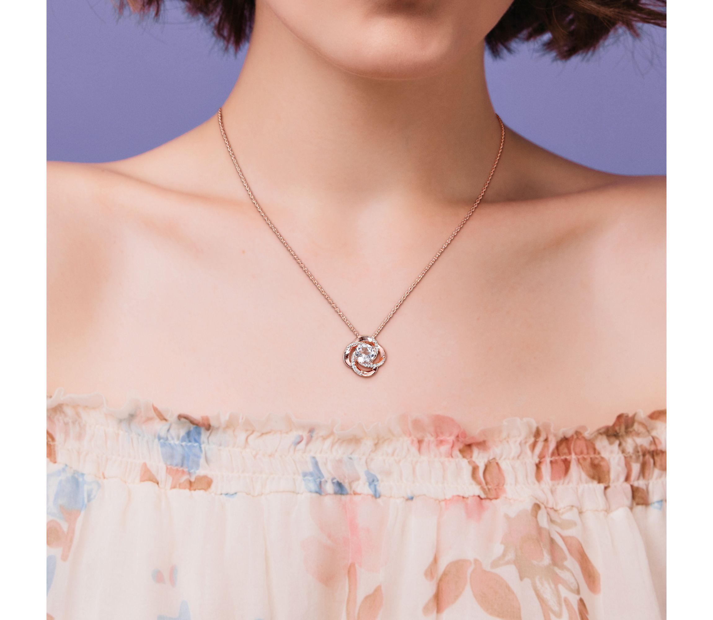 White Topaz Interlaced Pendant with Chain in Rose Plated Sterling Silver