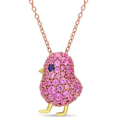 Belk & Co Lab Created Blue and Pink Sapphire Cluster Bird Necklace in 2-Tone Sterling Silver