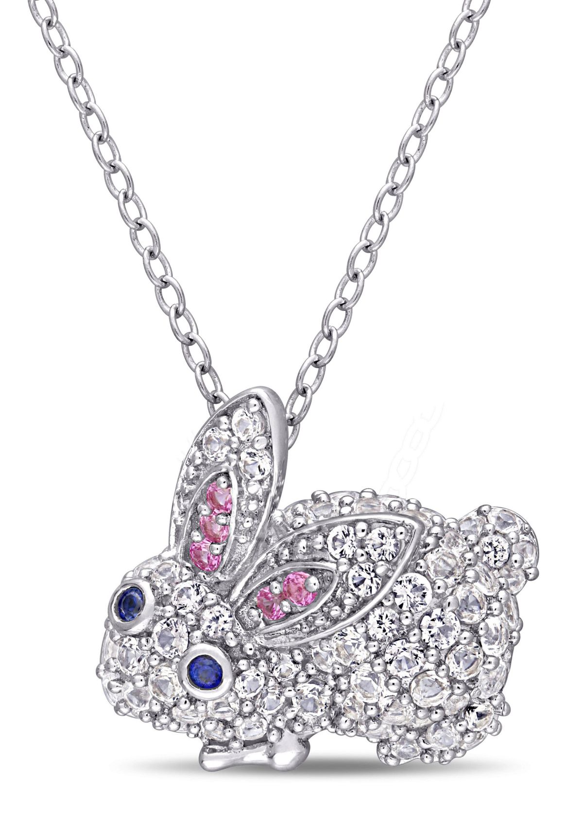 Lab Created 1.09 ct. t.g.w. Created Pink and White and Blue Sapphire Bunny Necklace in Sterling Silver