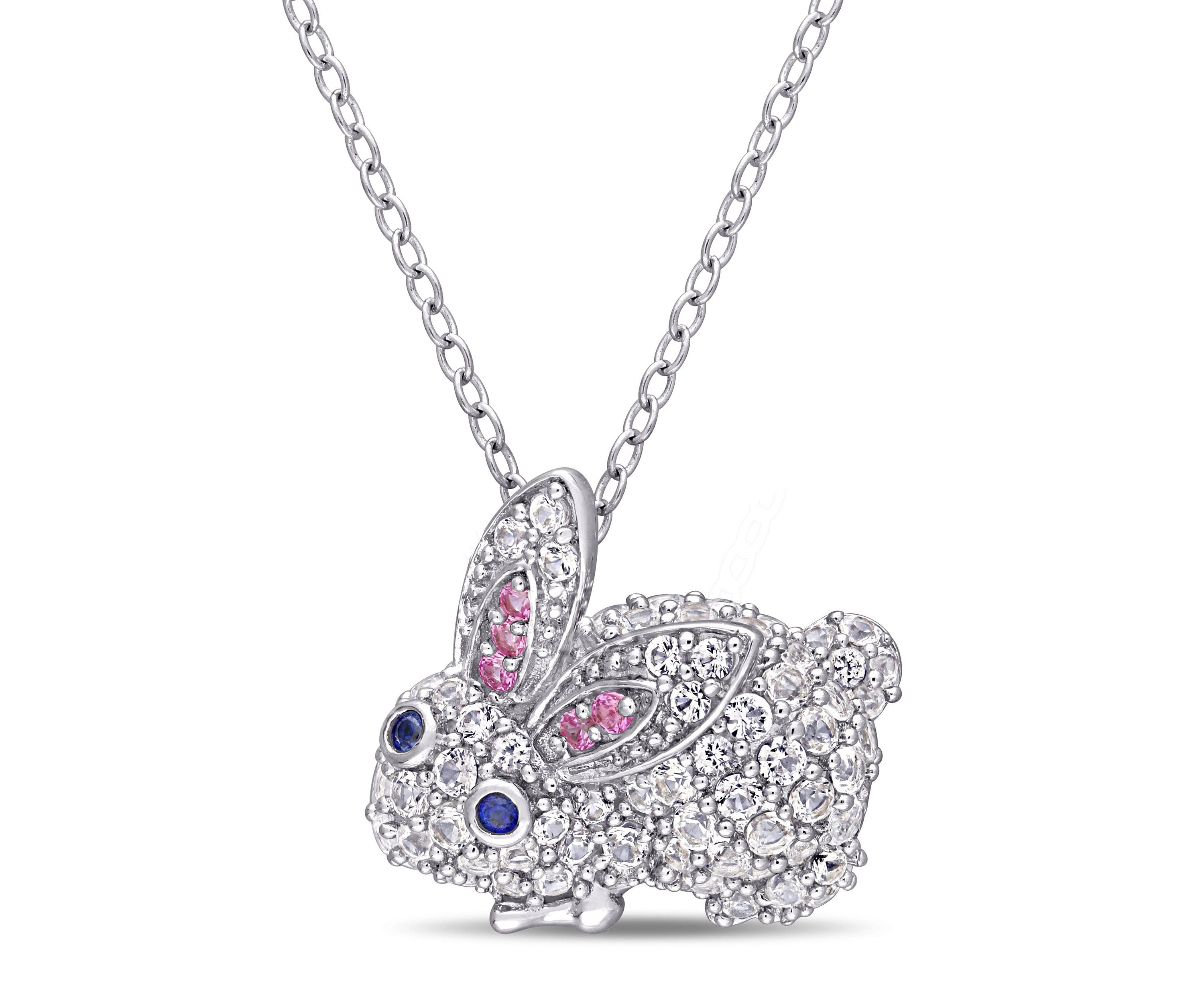 Lab Created 1.09 ct. t.g.w. Created Pink and White and Blue Sapphire Bunny Necklace in Sterling Silver