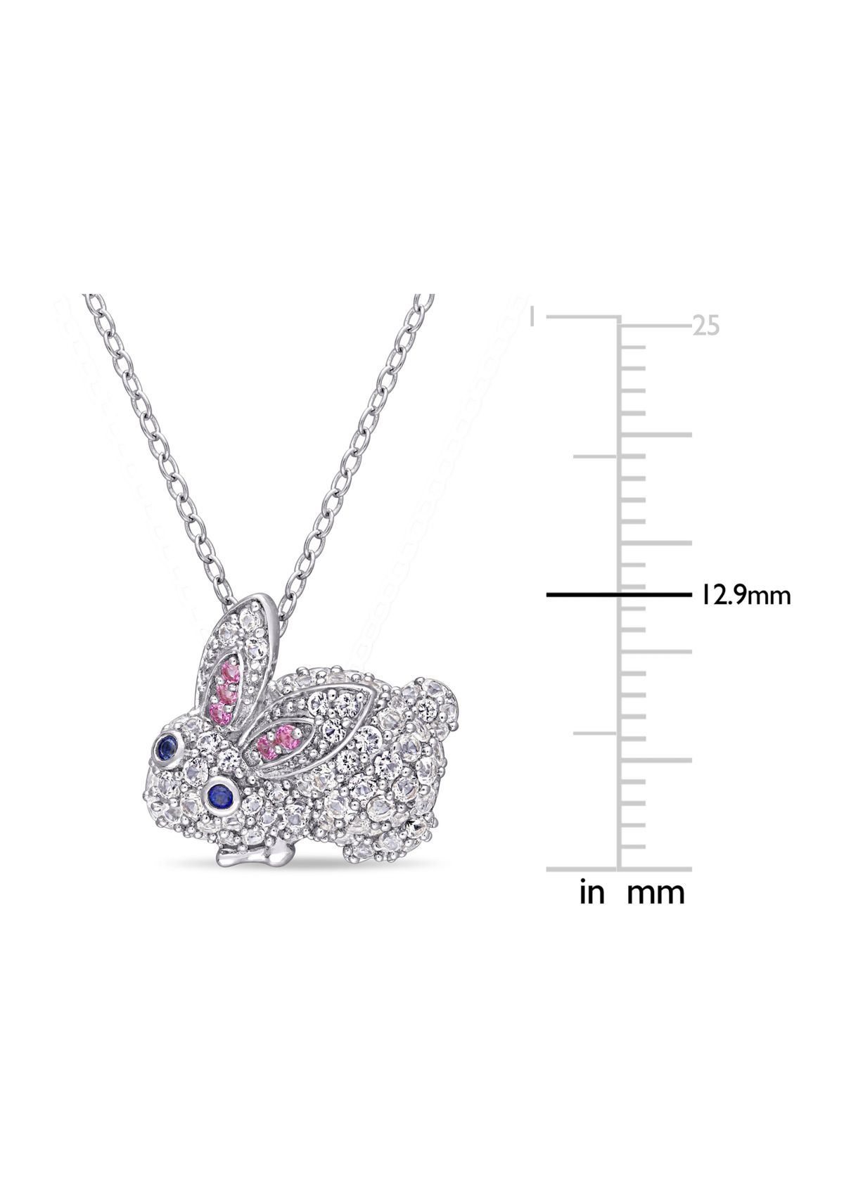 Lab Created 1.09 ct. t.g.w. Created Pink and White and Blue Sapphire Bunny Necklace in Sterling Silver