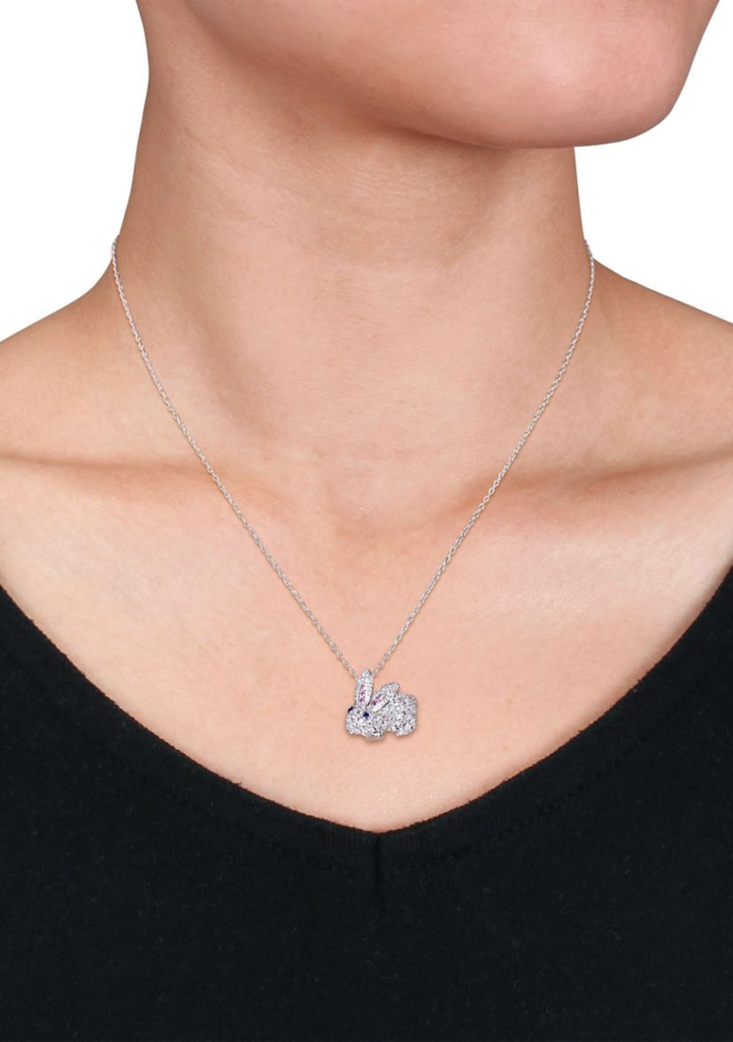 Lab Created 1.09 ct. t.g.w. Created Pink and White and Blue Sapphire Bunny Necklace in Sterling Silver