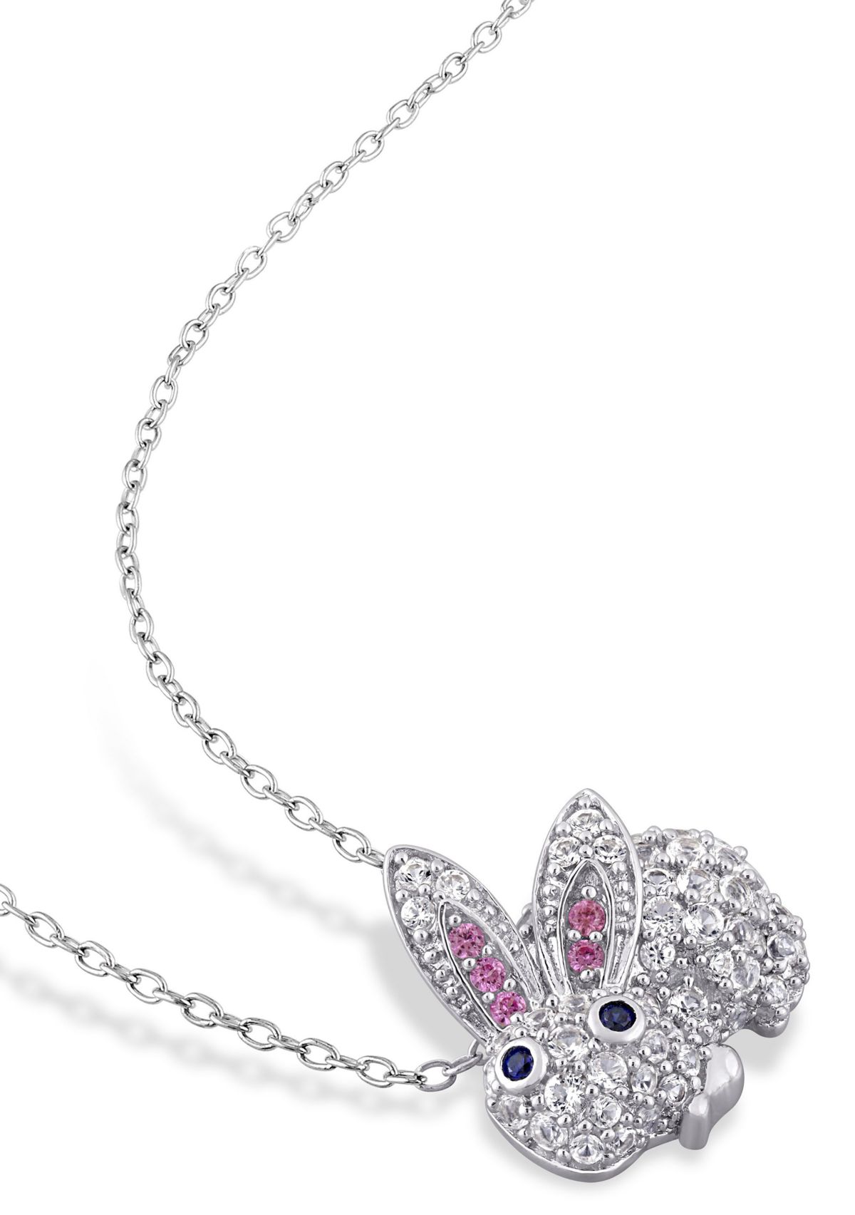 Lab Created 1.09 ct. t.g.w. Created Pink and White and Blue Sapphire Bunny Necklace in Sterling Silver