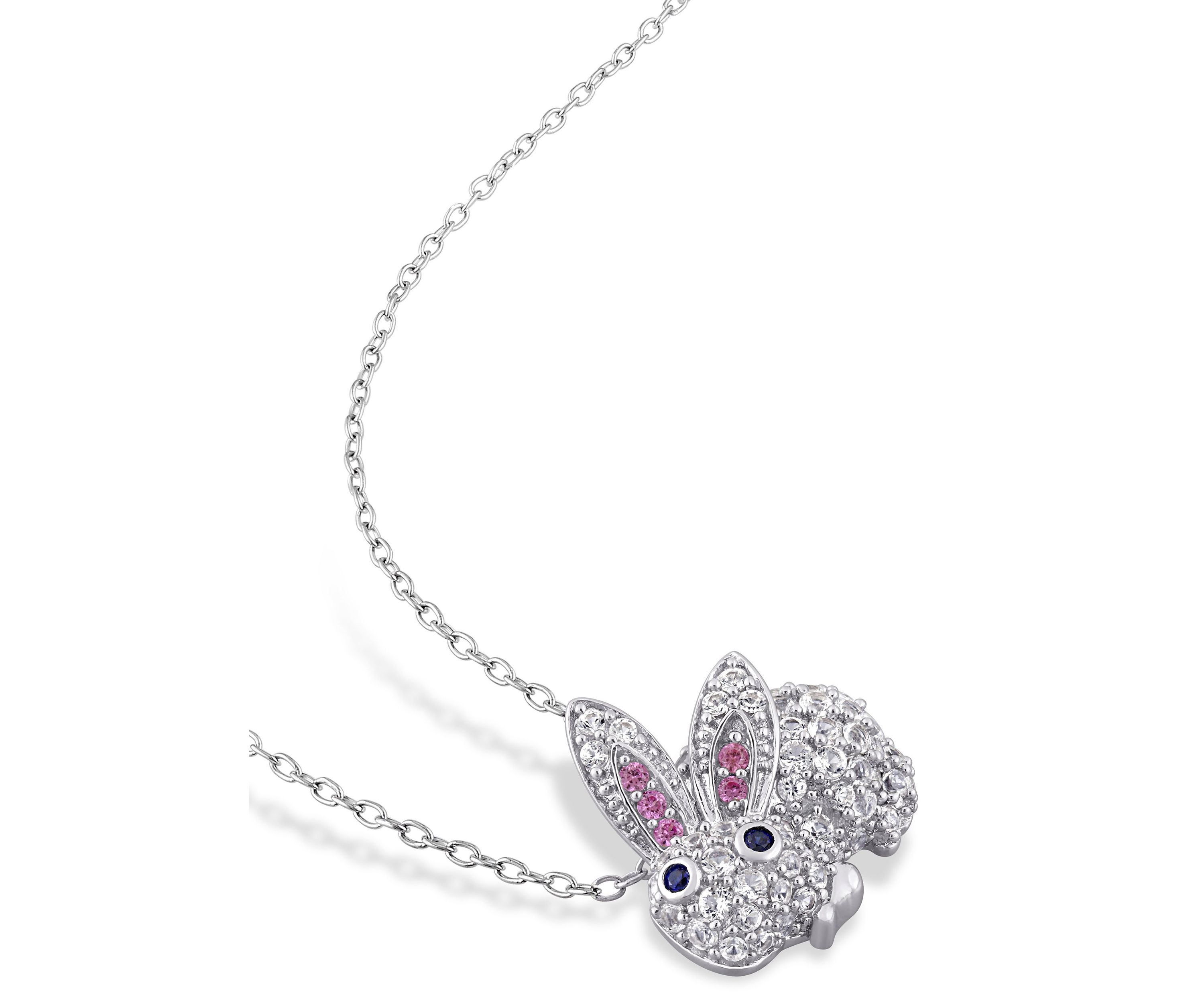 Lab Created 1.09 ct. t.g.w. Created Pink and White and Blue Sapphire Bunny Necklace in Sterling Silver