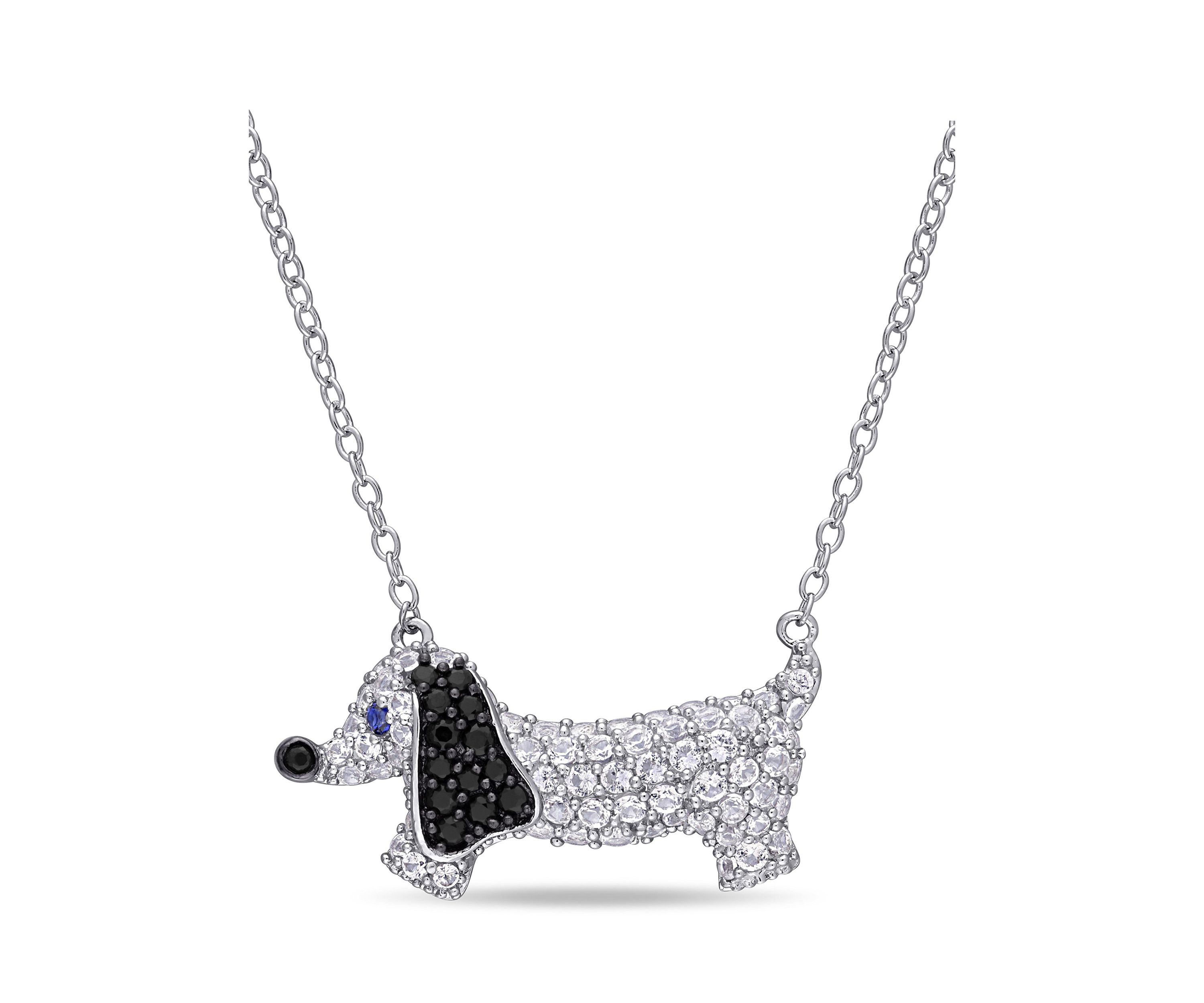 1.47 ct. t.g.w. Created Blue and White Sapphire Black Spinel Dog Necklace in Sterling Silver