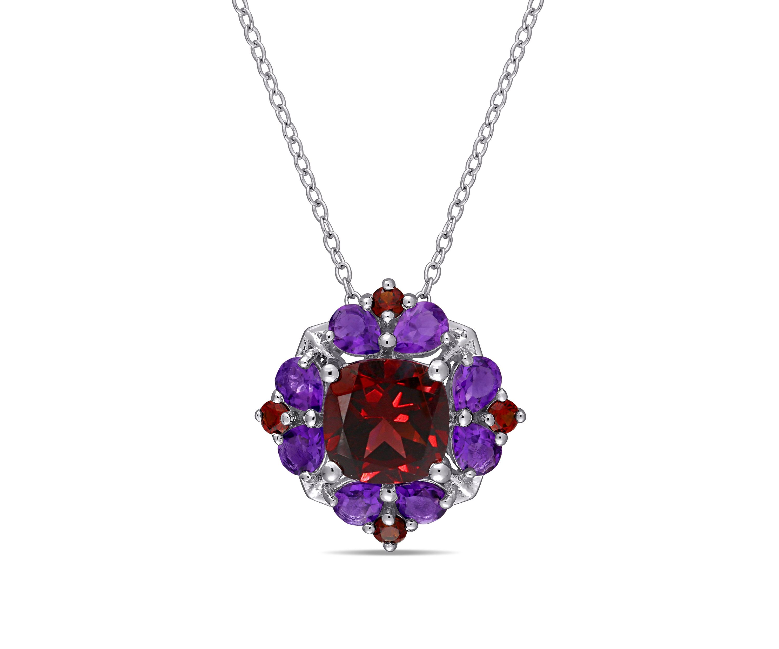  3.25 ct. t.w. Garnet and 1.125 ct. t.w. Amethyst Quatrefoil Floral Pendant with Chain in Sterling Silver