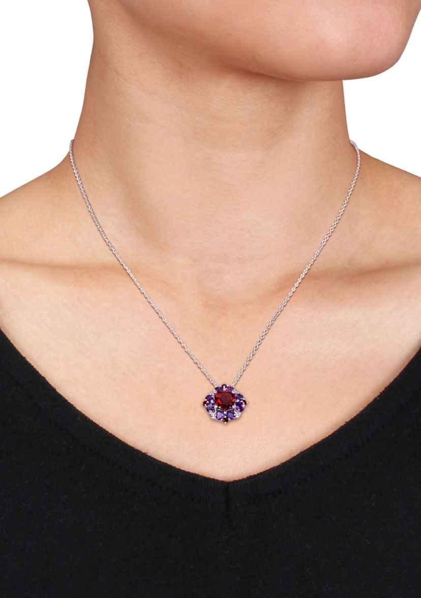  3.25 ct. t.w. Garnet and 1.125 ct. t.w. Amethyst Quatrefoil Floral Pendant with Chain in Sterling Silver