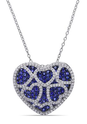 Belk & Co Lab Created 4 CT TGW Blue and White Sapphire Heart Cluster Necklace in Sterling Silver, 18 in
