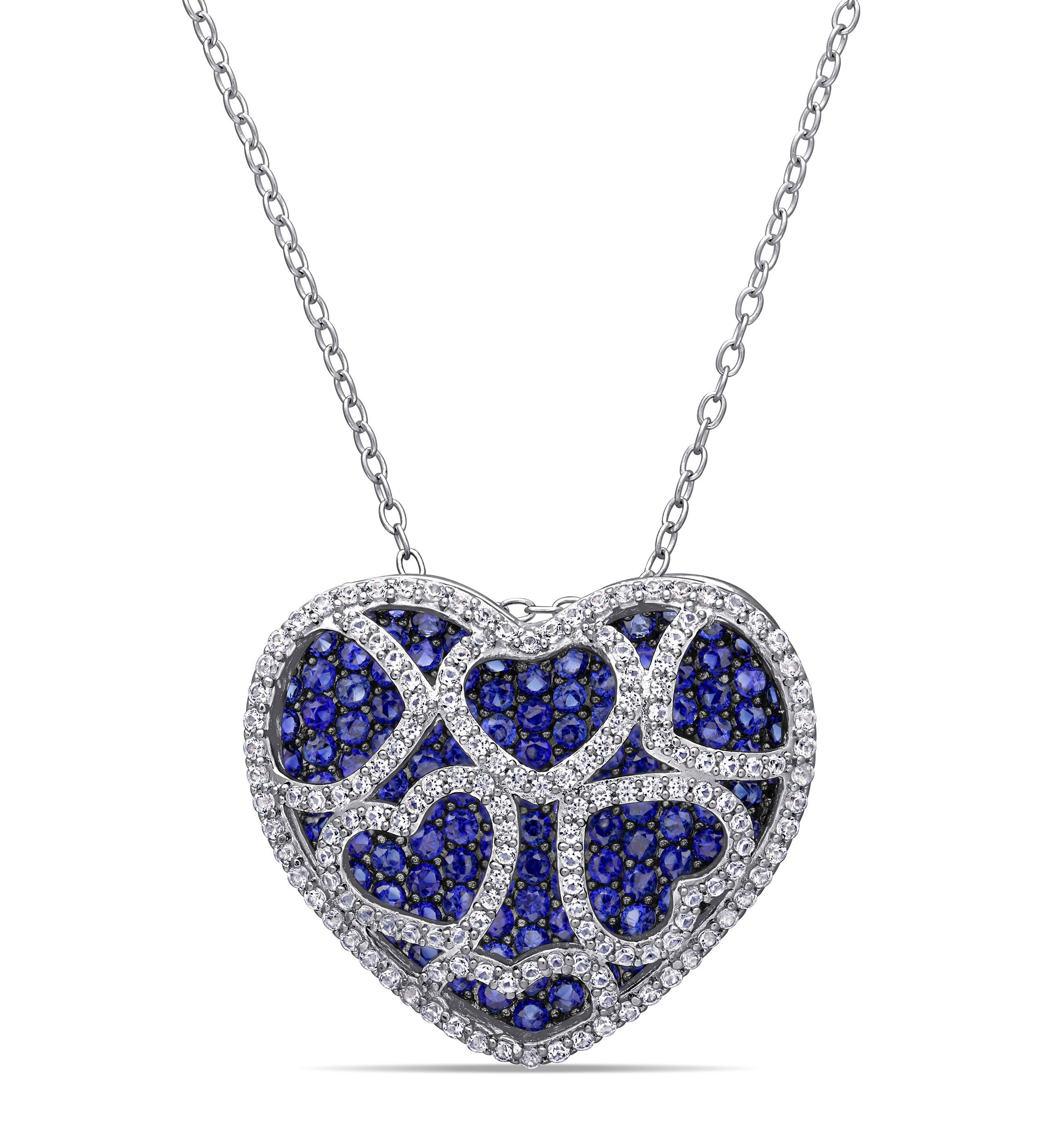 4 CT TGW Created Blue and Created White Sapphire Heart Cluster Necklace in Sterling Silver
