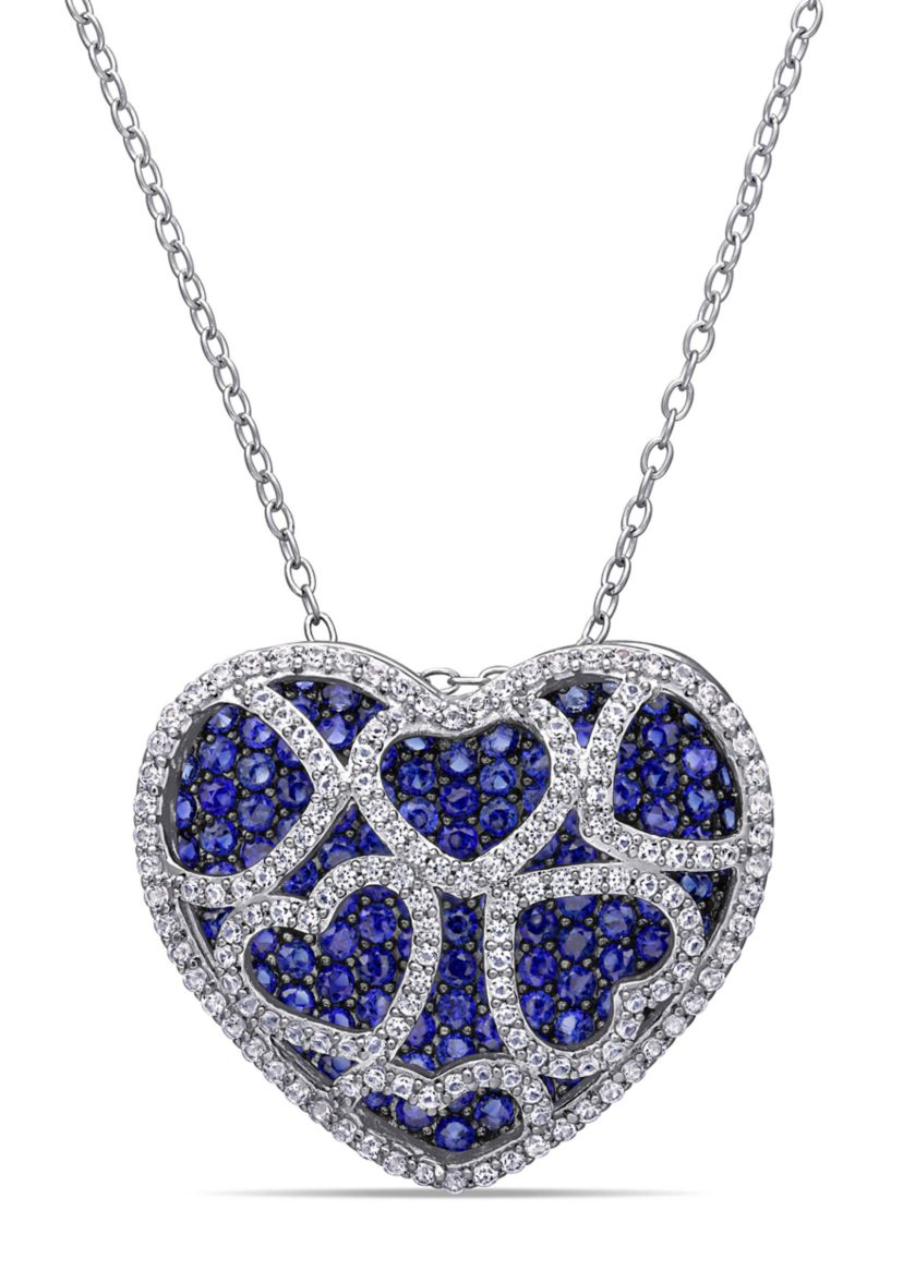 4 CT TGW Created Blue and Created White Sapphire Heart Cluster Necklace in Sterling Silver