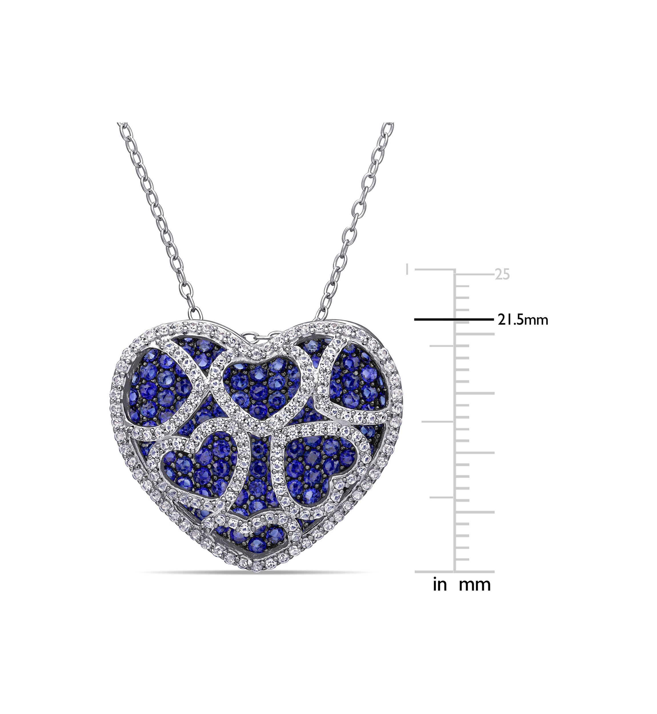 4 CT TGW Created Blue and Created White Sapphire Heart Cluster Necklace in Sterling Silver